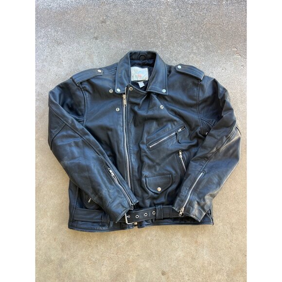 Vintage Vanguard Mens Black Leather Motorcycle Jacket W/ Belted Waist & Embroide - Picture 1 of 7